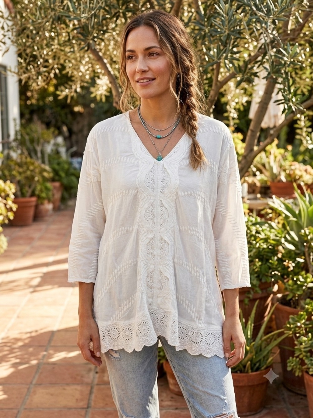 Johnny Was White Embroidered V-Neck Tunic